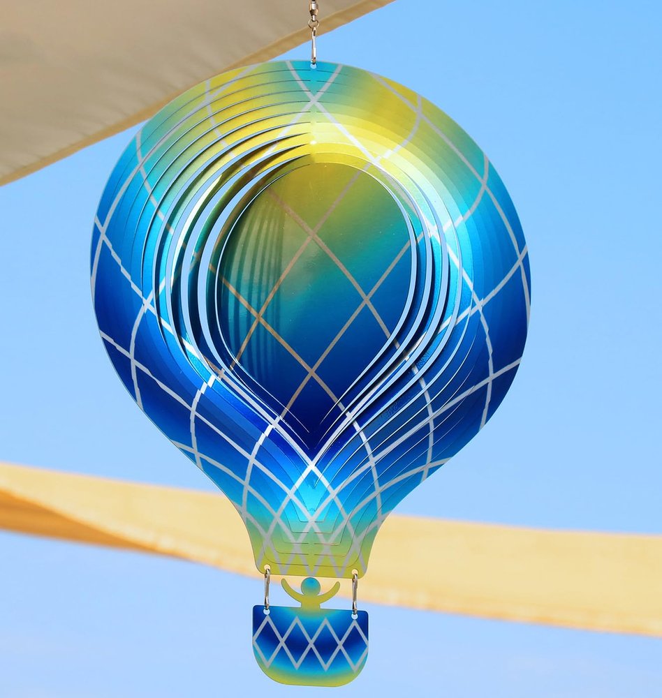 3D Wind Spinner for Yard Garden Decorations Outdoor,11.6" Stainless Steel Hanging Spinners Hot Air Balloon Rotating Lawn Ornaments, Christmas Decoration Gift,Blue