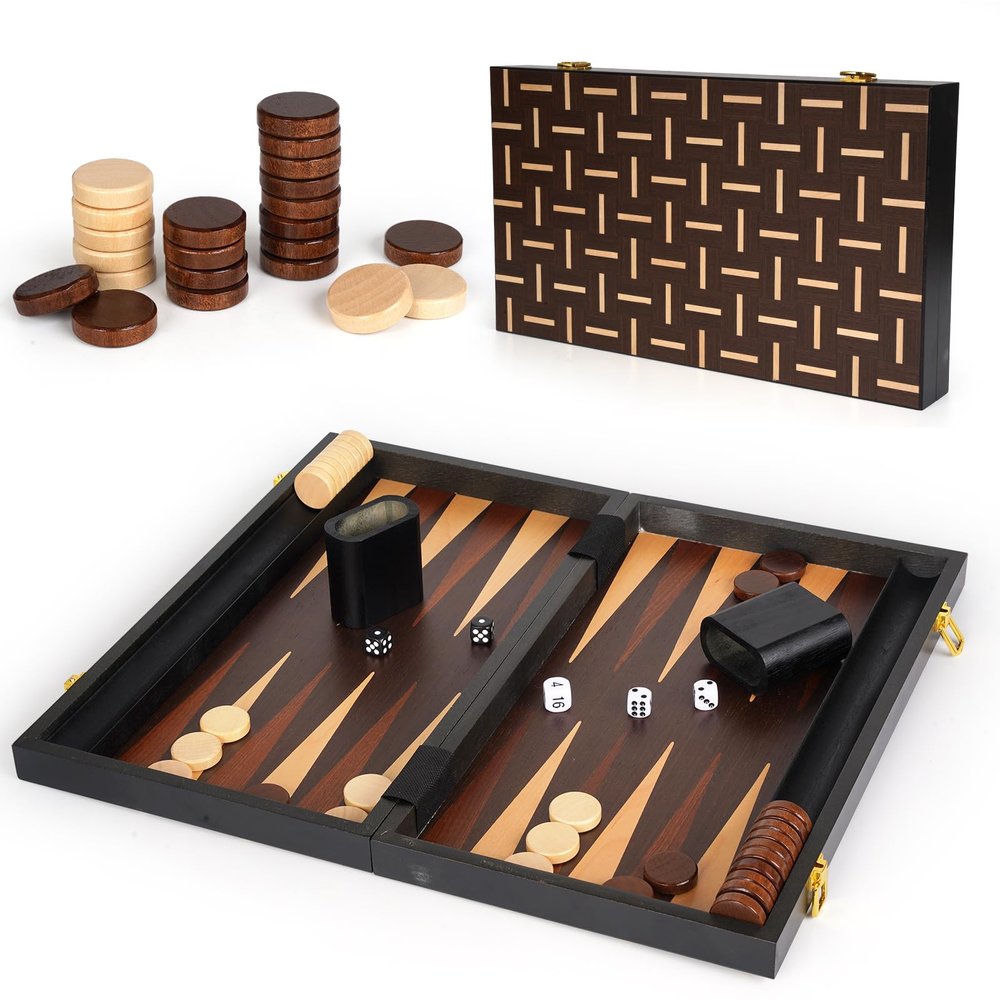 15" Wooden Backgammon Board Game Set for Adults and Kids - Portable and Travel Backgammon Set Family Game Night Vintage Backgammon Strategy Game- Classic Board Strategy Game