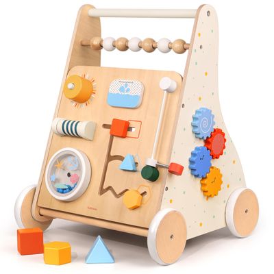 KizKnows Wooden Baby Walker, Montessori Activity Center Adjustable Speed Baby Push Walker with Blocks & Shape Sorter, Learning Toy for Toddlers 1 2 3 Year Olds