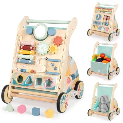 LOL-FUN Wooden Baby Walker with Double-Sided Busy Board, Push Walker for Baby with Adjustable Speed Wheels, Activity Learning Walker for Boys 6-12 Months
