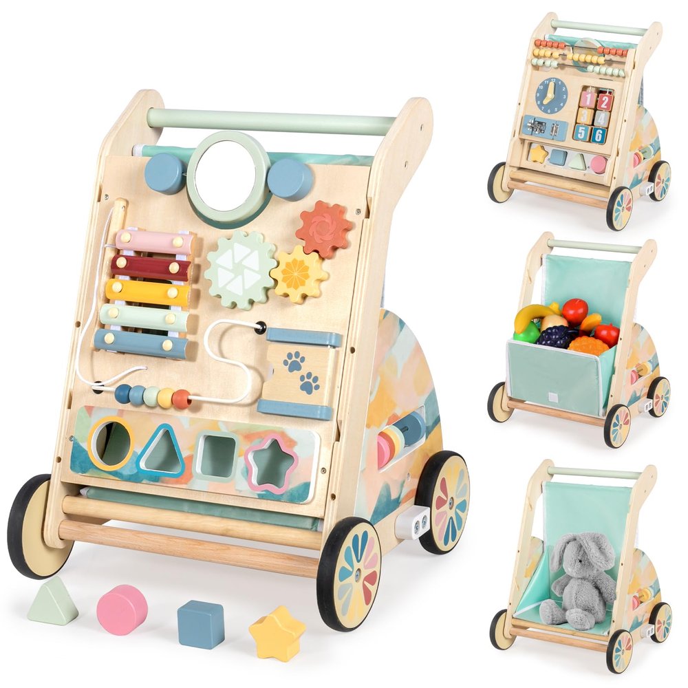 LOL-FUN Wooden Baby Walker with Double-Sided Busy Board, Push Walker for Baby with Adjustable Speed Wheels, Activity Learning Walker for Boys 6-12 Months