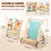 LOL-FUN Wooden Baby Walker with Double-Sided Busy Board, Push Walker for Baby with Adjustable Speed Wheels, Activity Learning Walker for Boys 6-12 Months view 2