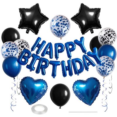 WEIKA 27 Pcs Blue Black Birthday Decorations, 3D Letters Blue Happy Birthday Balloon Banner, Pentagram Heart Foil Balloons Confetti Balloons Kit For Boys Girls Party Supplies