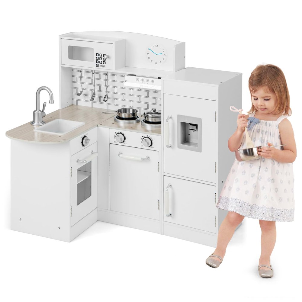 GLACER Kids Corner Kitchen Playset, Children Pretend Play Toy with Water Dispenser, Microwave, Range Hood, Refrigerator, Cookware, Wooden Toy Kitchen Set with Lights and Sounds for Little One