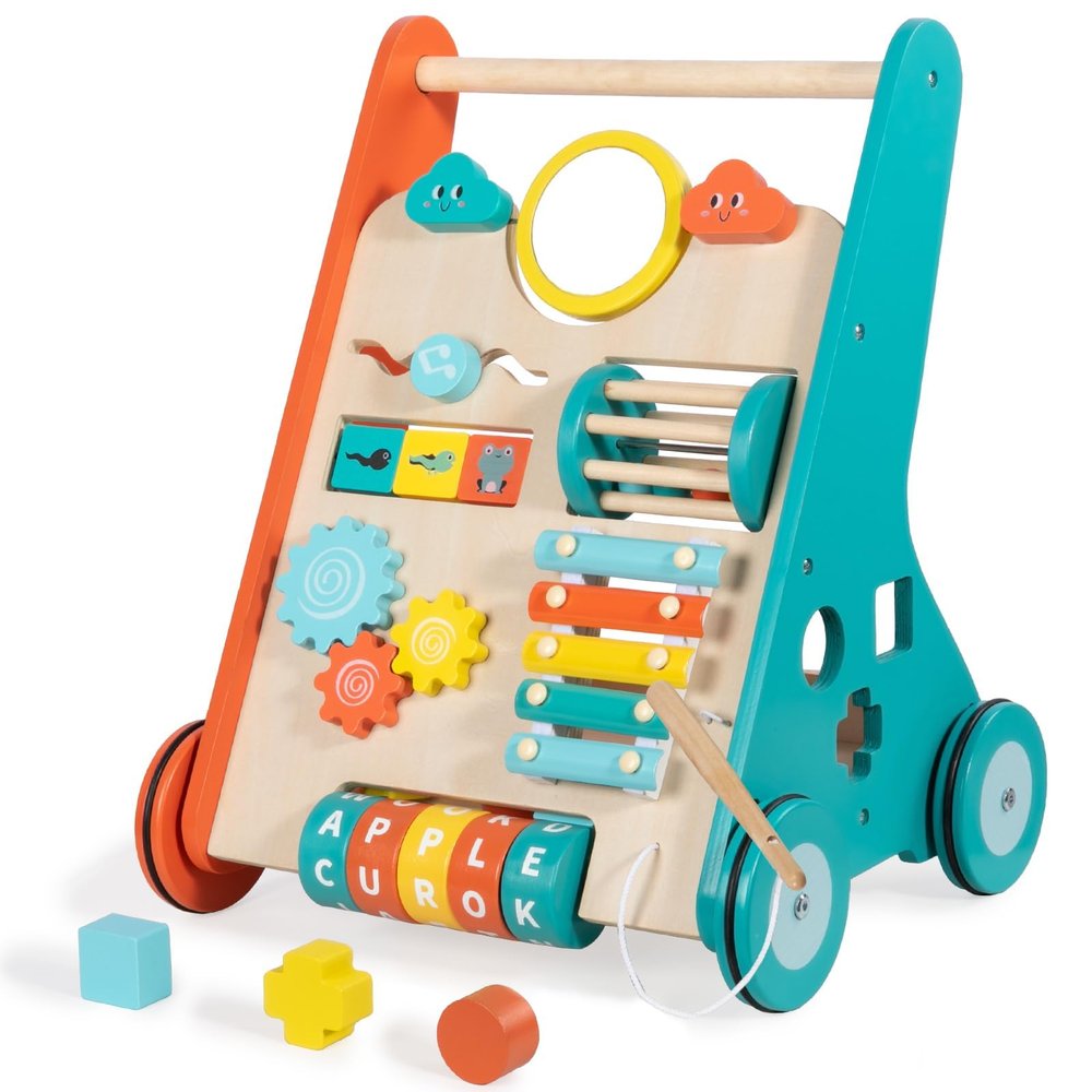 Wooden Baby Walker with Wheels, Walker for Baby Boys 12 Months Push Toy, Sit to Stand Activity Walker Learning to Walk