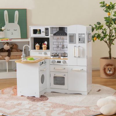GLACER Kids Corner Kitchen Playset, 11-in-1 Wooden Children Play Set with Refrigerator, Microwave, Range Hood, Water Dispenser, Cookware, Pretend Toy Kitchen Set, for Boys Girls