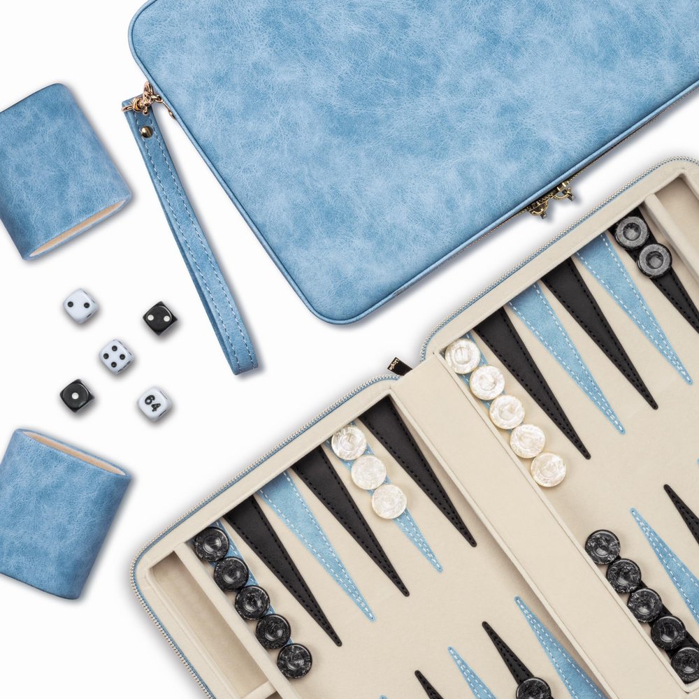 Lingle Backgammon Sets for Adults, Classic Board Game with Folding Faux Leather Backgammon Case, Portable Travel Backgammon Game Set (Blue)