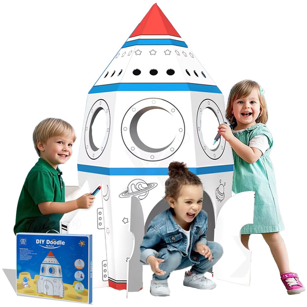 Cardboard Rocket for Kids - DIY Playhouse & Coloring Activity | Large Pretend Play Vehicle - Recyclable & Eco-Friendly | Great Gift for Boys & Girls Ages 3-8