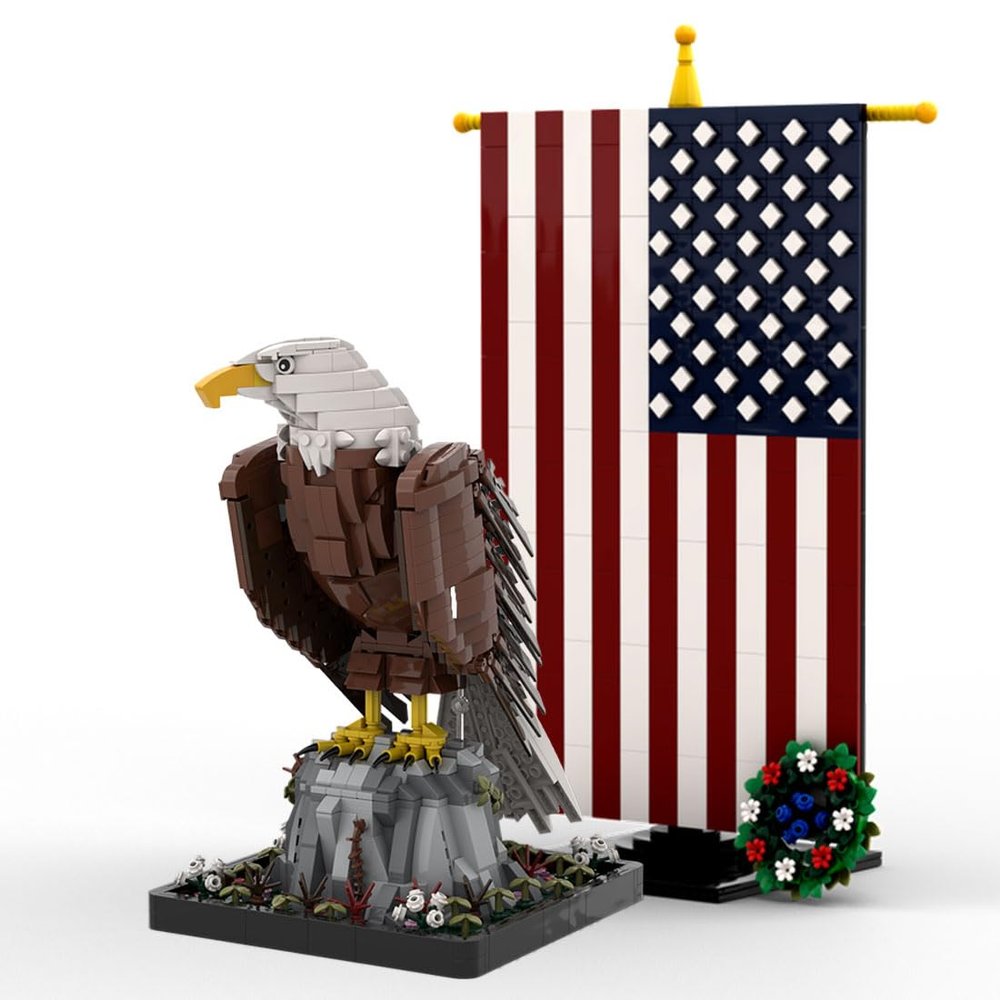 Aetheria Bald Eagle Building Bricks with Flag MOC Animals Bird Blocks, Home Office Decor Art Ornament, Creative Construction Collectors & Enthusiasts for Adults - 1965 Pieces Designed by Borysf