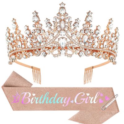 Araluky Birthday Girl Sash & Birthday Crown Adult Woman, Tiaras for Women Crowns for Women Princess Party Decorations