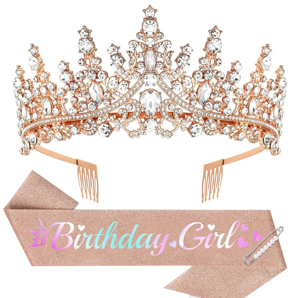 Araluky Birthday Girl Sash & Birthday Crown Adult Woman, Tiaras for Women Crowns for Women Princess Party Decorations