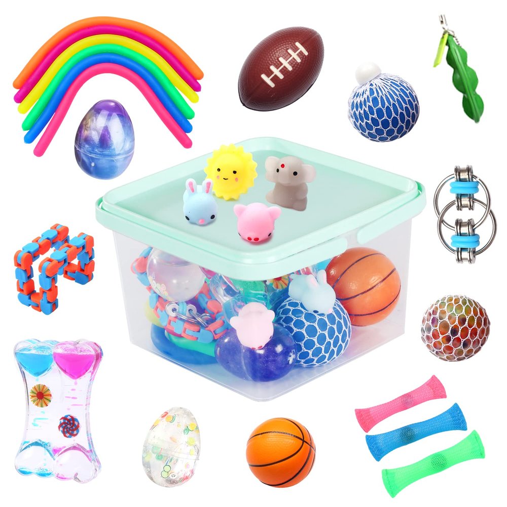 24 Pack Fidget Toys for Adults with Liquid Motion Timer Mochi Squishy Stretchy String Flippy Chain Easter Egg Marble Mesh Squeeze Bean Stress Ball for Gift