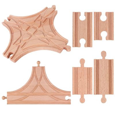 6 Pieces Switch Track Wooden Train Set Wooden Train Track Set-1Pc T Switch 1Pc Switching Track Wood-en Train Bridges Straight Wood Train Tracks Accessories for Most Major Toy Tra-in Tracks Railway