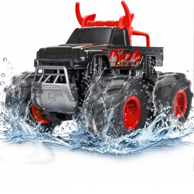 1:16 Waterproof Monster Truck Toys RC Cars, 2.4GHz Remote Control Truck for Kids Boy Ages 8,9,10,11,12 Years Old, 4WD All Terrain Off-Road with LED Lights RC Boat for Boy Girl Birthday Gift - Red