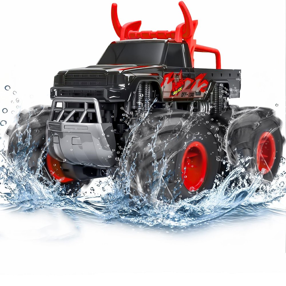 1:16 Waterproof Monster Truck Toys RC Cars, 2.4GHz Remote Control Truck for Kids Boy Ages 8,9,10,11,12 Years Old, 4WD All Terrain Off-Road with LED Lights RC Boat for Boy Girl Birthday Gift - Red