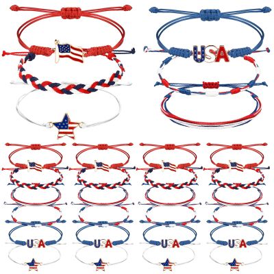 24 Pcs 4th of July Bracelets Red White and Blue Bracelets Patriotic USA American Flag String Woven Wristband Bulk 4th of July Party Favors for 250th Anniversary Independence Day Parade Supplies