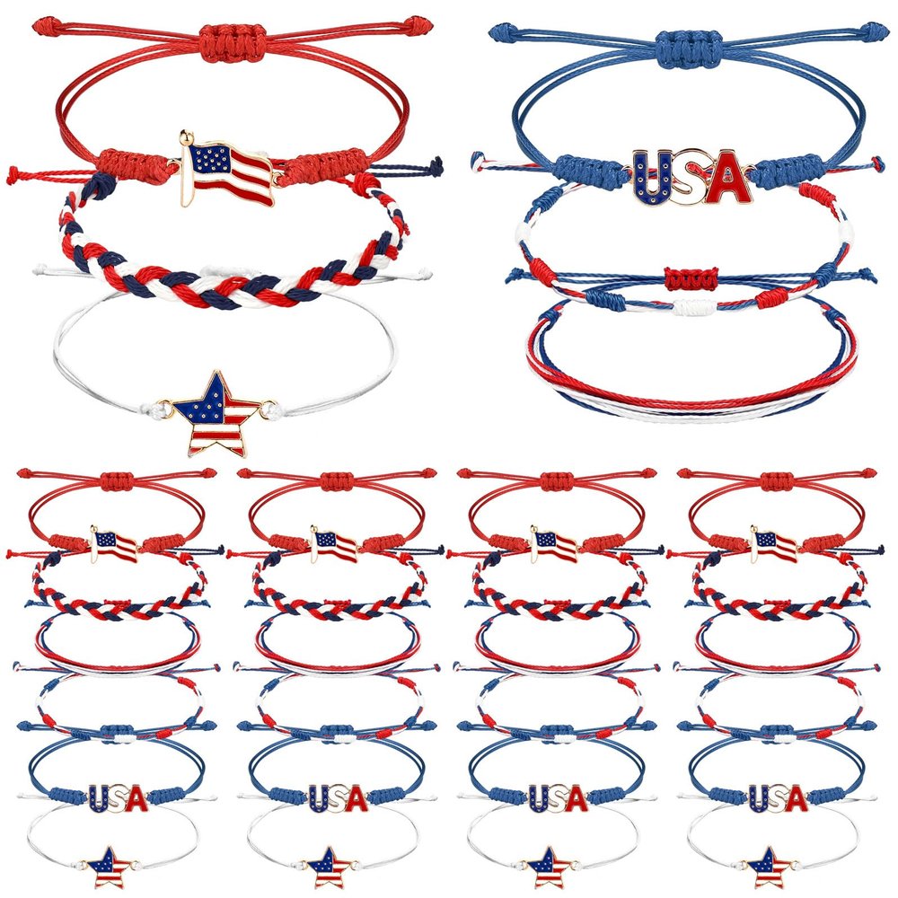 24 Pcs 4th of July Bracelets Red White and Blue Bracelets Patriotic USA American Flag String Woven Wristband Bulk 4th of July Party Favors for 250th Anniversary Independence Day Parade Supplies