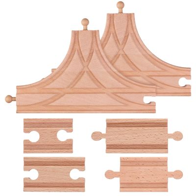 6 Pieces Switch Track Wooden Train Set Wooden Train Track Set-2Pcs T Switch Wood Train Bridges Straight Wood-en Train Tracks Accessories for Most Major Toy Tra-in Tracks Railway