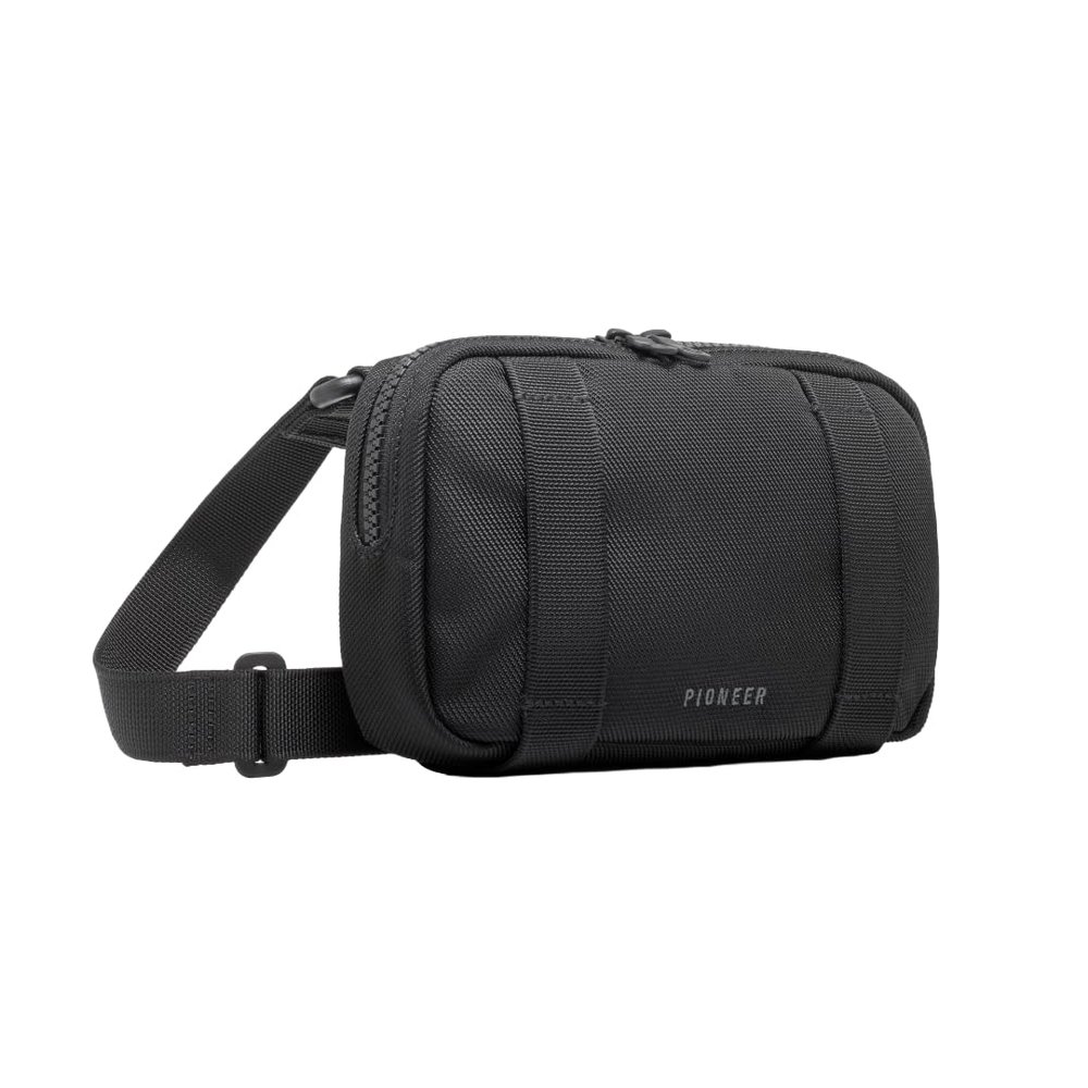 PIONEER Safari Sling Bag, Crossbody Pouch for Travel & EDC, Mandarin 840 Fabric + Mil-Spec Webbing, Passport Zip Pocket, Key Leash, Divider, Adjustable Strap, Black, 7.25 x 5 x 2.25, Premium Zippers.