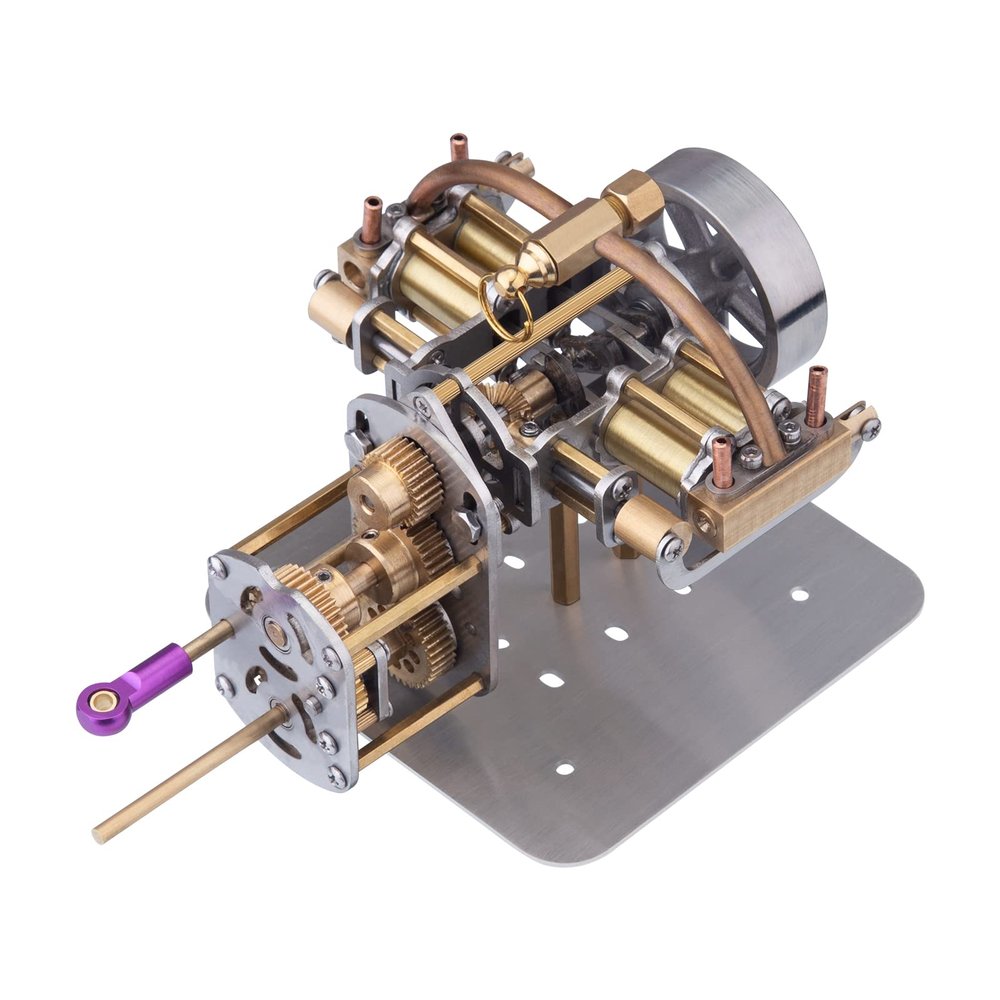 ENGINEDIY Steam Engine Model for Adults, Mini Horizontally Opposed Four-Cylinder Steam Engine Model + Gearbox for Small Steam Model Ship Without Boiler