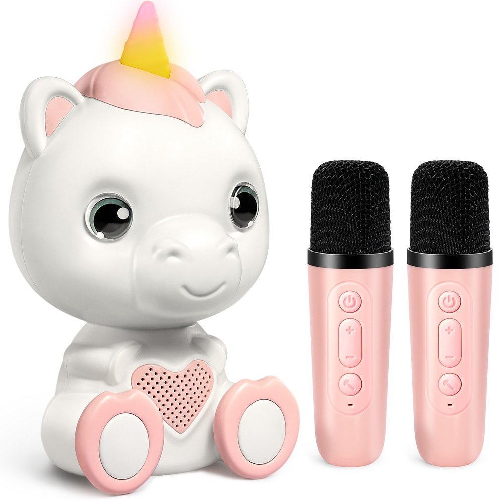 Mini Karaoke Machine for Kids - Unicorn Portable Bluetooth Speakers with 2 Wireless Mic and LED Light, Toddler Karaoke Machine for Girls 3-5 6 8-12 Year Old, Unicorn Birthday Gifts Toys Pink