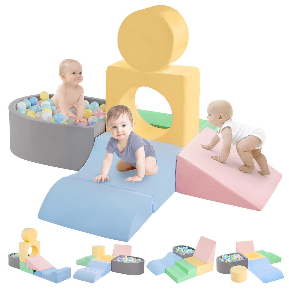 CAMELUS Climbing Toys for 1 Year Old, Foam Baby Climbing Blocks with Ball Pit for Toddlers, 6-Piece Soft Play Set, Indoor Climb Crawl Activity Play, Birthday (Balls not Included)