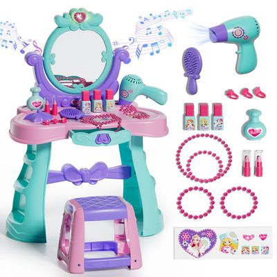 Lehoo Castle Kids Vanity Table and Chair Set with Mirror Light Music, Toddler Girls Makeup Table with Stool Hair Dryer, Pretend Play Princess Dress Up Vanity Set, Birthday Gifts for 3 Year Old Girl