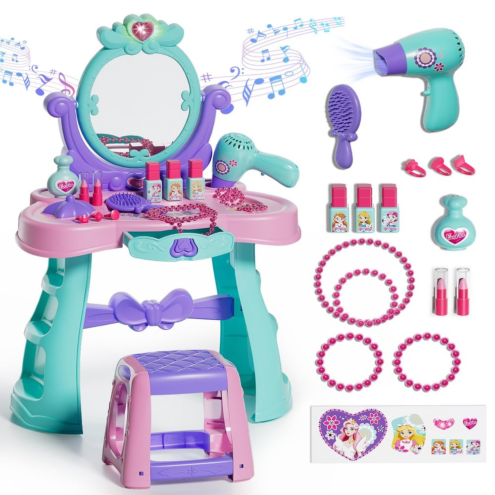 Lehoo Castle Kids Vanity Table and Chair Set with Mirror Light Music, Toddler Girls Makeup Table with Stool Hair Dryer, Pretend Play Princess Dress Up Vanity Set, Birthday Gifts for 3 Year Old Girl