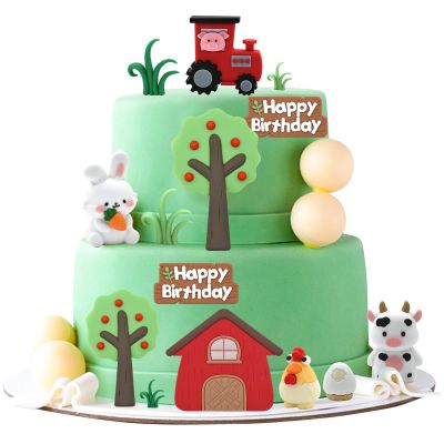 15PCS Farm Animal Cake Toppers  Barnyard Cake Decorations with Barn, Tractor, Cow & Chicken, Farm Theme Birthday Cake Topper Set with Grass & Trees, Reusable Party Decor