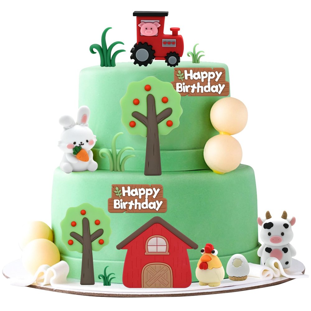 15PCS Farm Animal Cake Toppers  Barnyard Cake Decorations with Barn, Tractor, Cow & Chicken, Farm Theme Birthday Cake Topper Set with Grass & Trees, Reusable Party Decor