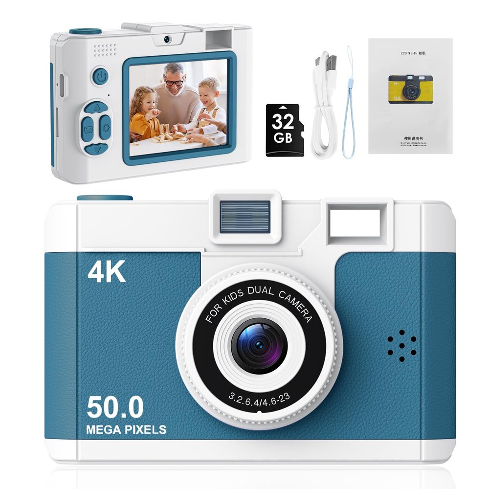 50.0 Mega Pixels Kids Camera for 5-13 Year Old Girls Boys with WiFi,MP3,Video Recording,Children Digital Selfie Video Camcorder 1080P Dual Lens 2.4 Inch HD,32G TF Card (Green)