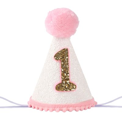 AULEGE First Birthday Crown, 1st Glitter Baby Cone Hat for Photo Prop, First Party Hat Outfit for Girls/Boys(White Pink)