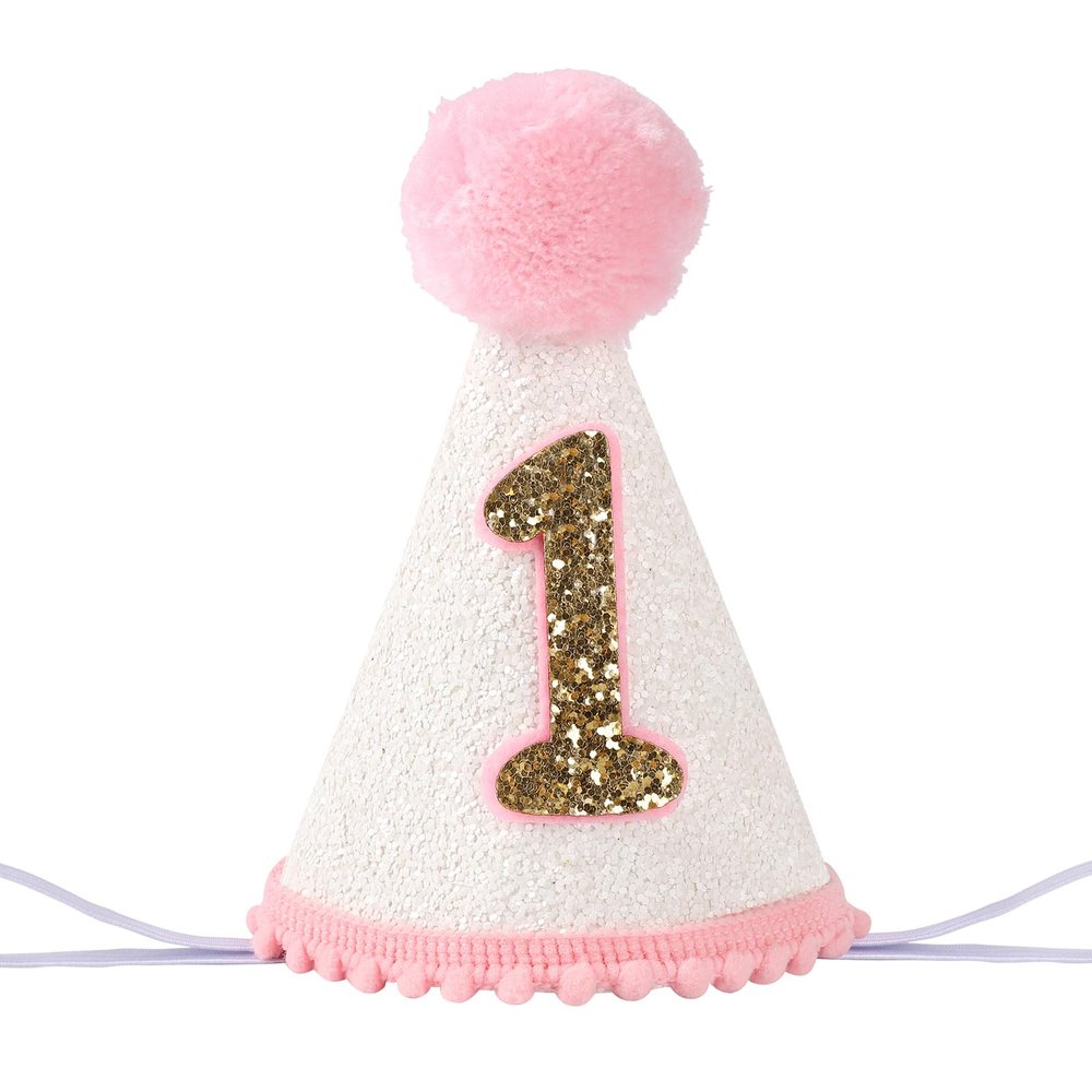 AULEGE First Birthday Crown, 1st Glitter Baby Cone Hat for Photo Prop, First Party Hat Outfit for Girls/Boys(White Pink)