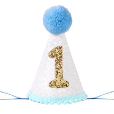 AULEGE First Birthday Crown, 1st Glitter Baby Cone Hat for Photo Prop, First Party Hat Outfit for Girls/Boys(White Blue)
