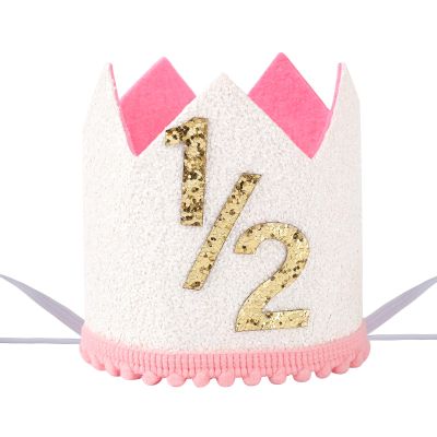 AULEGE Half Party Hat, 1/2 Glitter Adjustable Birthday Crown for 6-Month Baby, Half Birthday Party Headwear (White/Pink)
