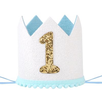 AULEGE First Birthday Party Hat, 1st Glitter Adjustable Crown for Baby Girl Boy, First Birthday Party Photo Prop(1 White Blue)