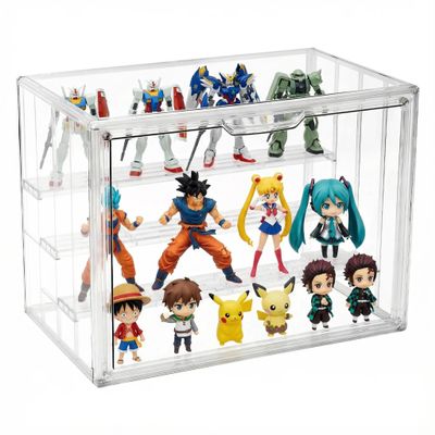4 Tiers Clear Ddisplay Cases for Collectibles, Acrylic Storage Organizers Box with Magnetic Door, Desktop Clear Showcase with 3 Adjustable Divider Storage Box for Action Figure