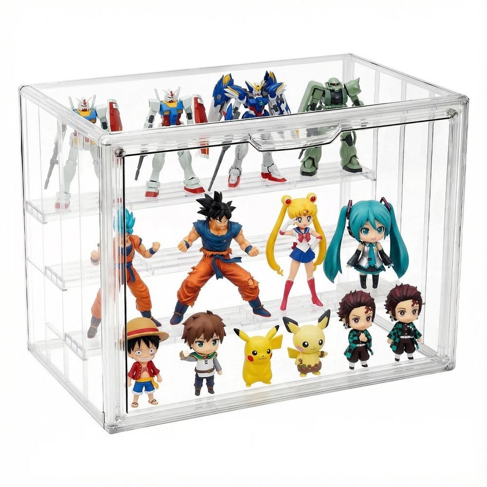 4 Tiers Clear Ddisplay Cases for Collectibles, Acrylic Storage Organizers Box with Magnetic Door, Desktop Clear Showcase with 3 Adjustable Divider Storage Box for Action Figure