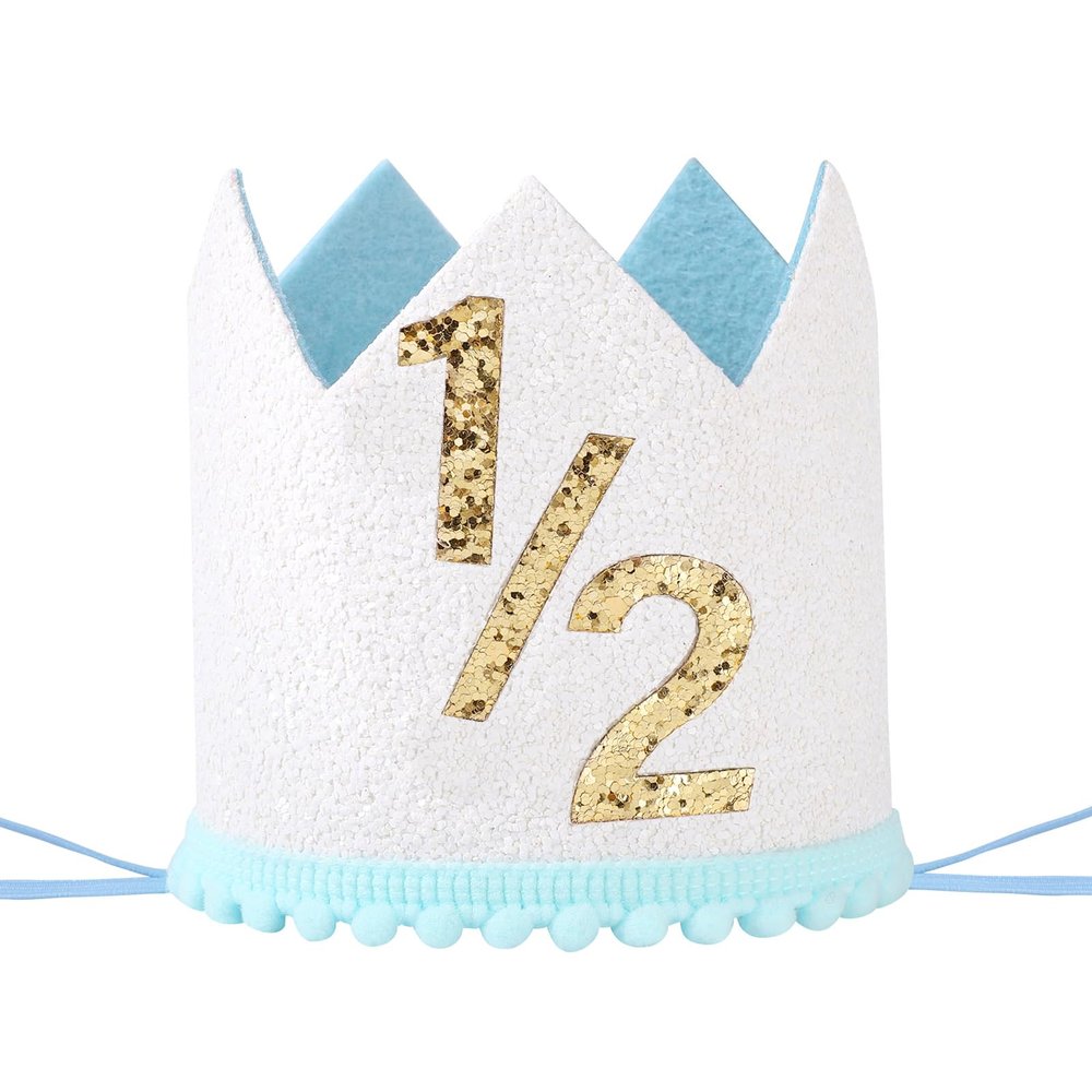 AULEGE Half Party Hat, 1/2 Glitter Adjustable Birthday Crown for 6-Month Baby, Half Birthday Party Headwear (White/Blue)