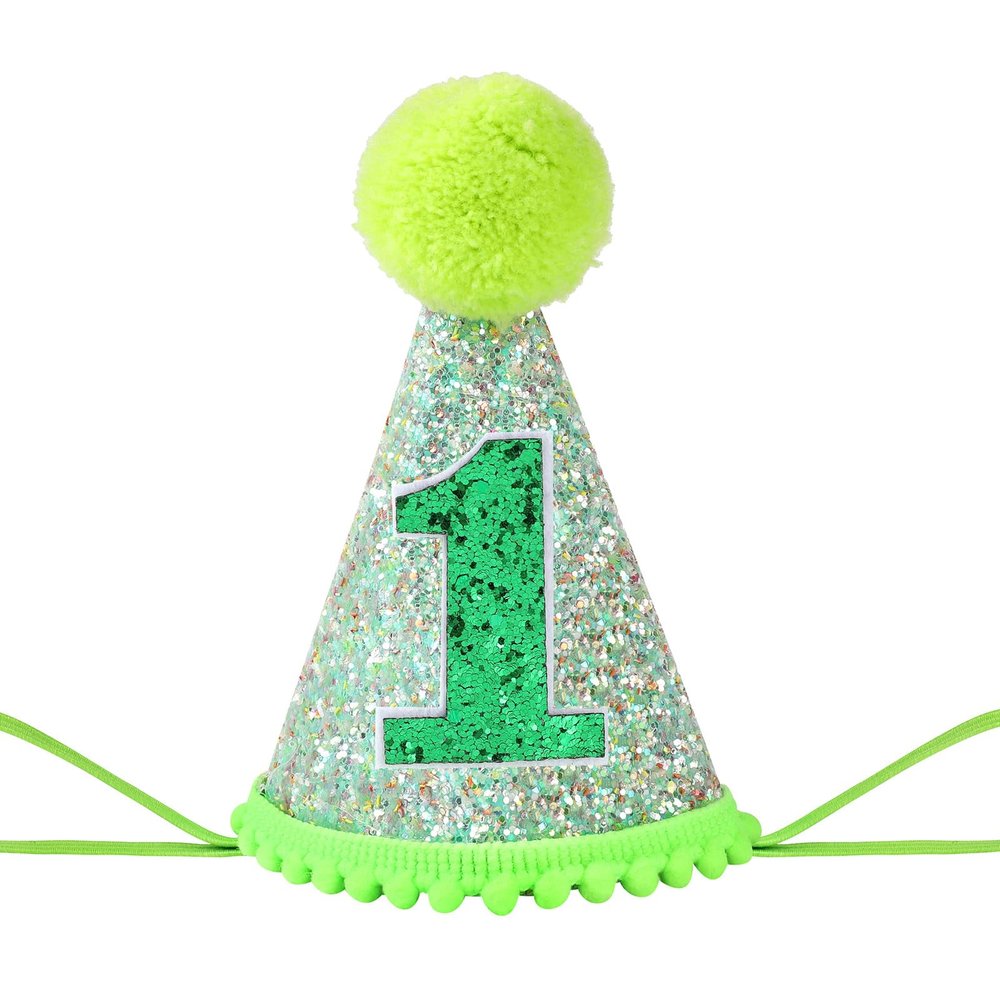 AULEGE First Birthday Crown, 1st Glitter Baby Cone Hat for Photo Prop, First Party Hat Outfit for Girls/Boys(Green)