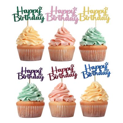 12 Pcs Glitter Happy Birthday Cupcake Toppers, 4.7-inch Multicolour Cupcake Toppers, Anniversary or Birthday Party Cupcake Decoration
