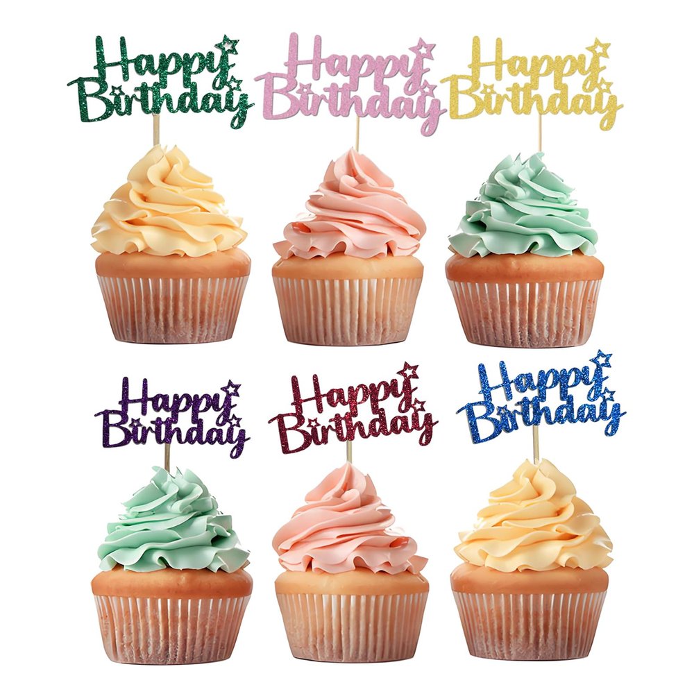 12 Pcs Glitter Happy Birthday Cupcake Toppers, 4.7-inch Multicolour Cupcake Toppers, Anniversary or Birthday Party Cupcake Decoration
