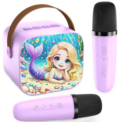 Eaever Mini Karaoke Machine with 2 Wireless Microphones, Birthday Gift Easter Stuff for Girls 3 4 5 6 7 8 9 10 11 12 Years Old, Portable Bluetooth Speaker Set fits Family Fun Home Party, Purple