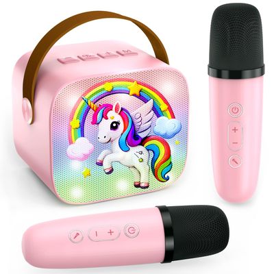 Mini Karaoke Machine for Kids - Toddler Toys Birthday Gift for 3 4 5 6 7 8 9 10 11 12 Years Old Girls, Portable Speaker Set with 2 Wireless Microphones fits Family Fun Home Party, Pink