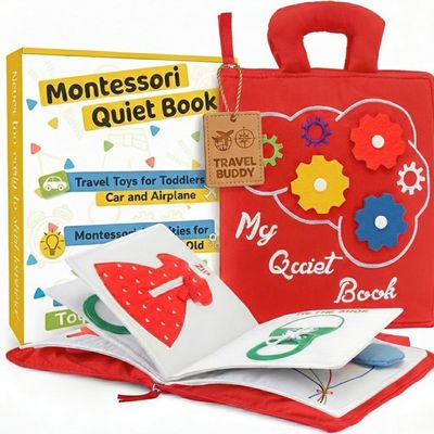 deMoca Busy Book for Toddlers 1-3, Quiet Montessori Airplane Activity Book, Travel Learning Toy Board for 1 Year Old, Gift for Boys and Girls (Red)