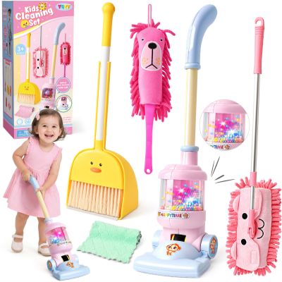 TUZT Kids Cleaning Toys Playset for Ages 2-4, Compact 6-Piece Pretend Vacuum with Light & Sound (No Suction), Animal Broom Mop Set for Toddlers, Apartment-Friendly Educational Role Play Gift