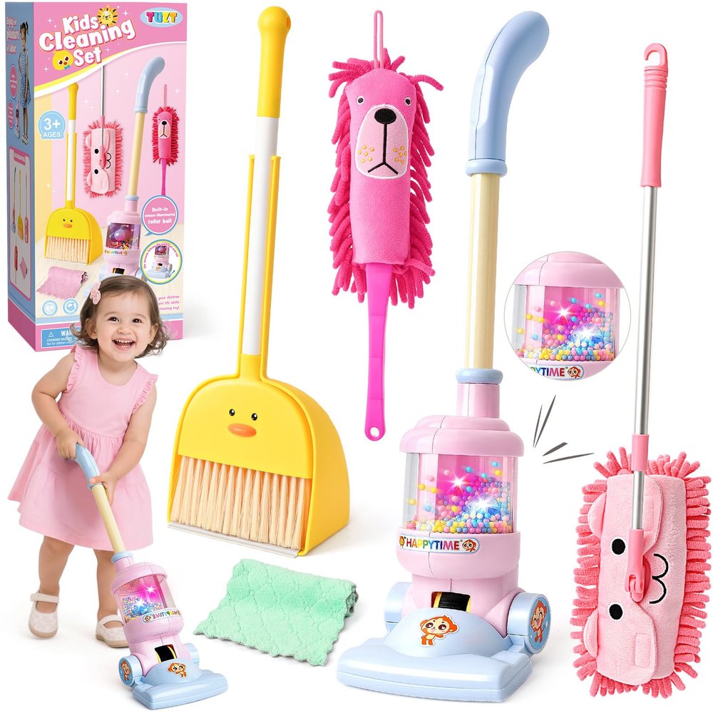 TUZT Kids Cleaning Toys Playset for Ages 2-4, Compact 6-Piece Pretend Vacuum with Light & Sound (No Suction), Animal Broom Mop Set for Toddlers, Apartment-Friendly Educational Role Play Gift
