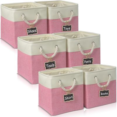 13 Inch Cube Storage Bins[6 Pack],Fabric Storage Cubes with Rope Handles, Eco-Friendly Linen Collapsible Organizers for Closet, Nursery, Toys, Office, Bathroom  Dual Color Design.(White&Pink)