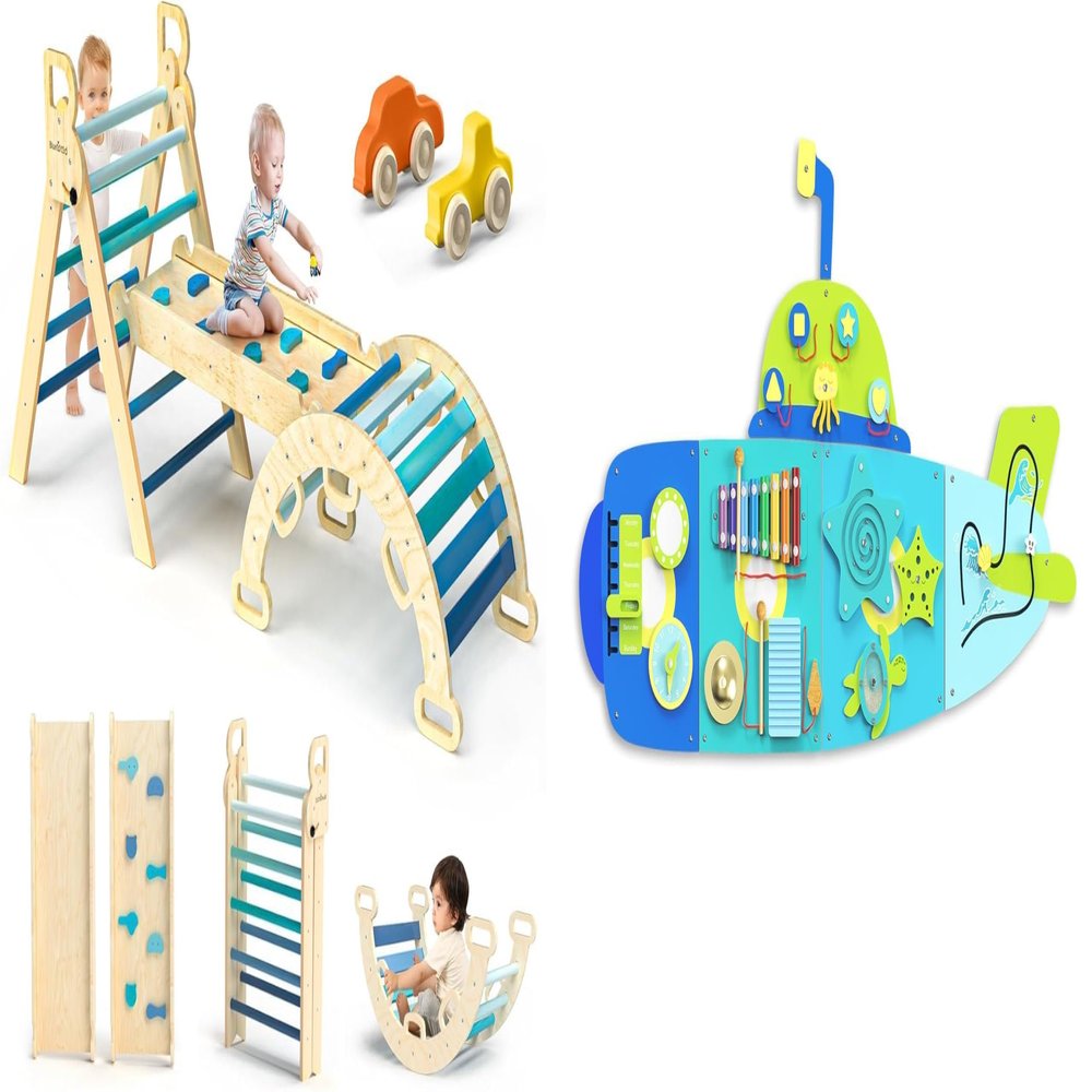 BlueWood Pikler Triangle Set 7in1 Foldable Baby Climbing Wooden Toys, Submarine Wall Busy Board Panels