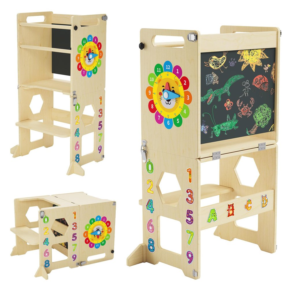 4-in-1 Toddler Standing Tower,Foldable Standing Tower with Blackboard and Wooden Learning Clock,Toddler Kitchen Stool Helper for Kids,Wooden Kids Kitchen Step Stool